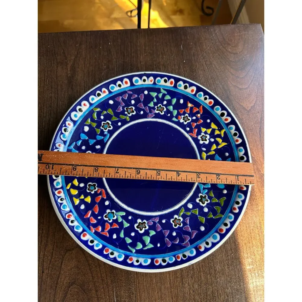 Handcrafted Turkish Kütahya ceramic decorative plate cobalt blue raised floral